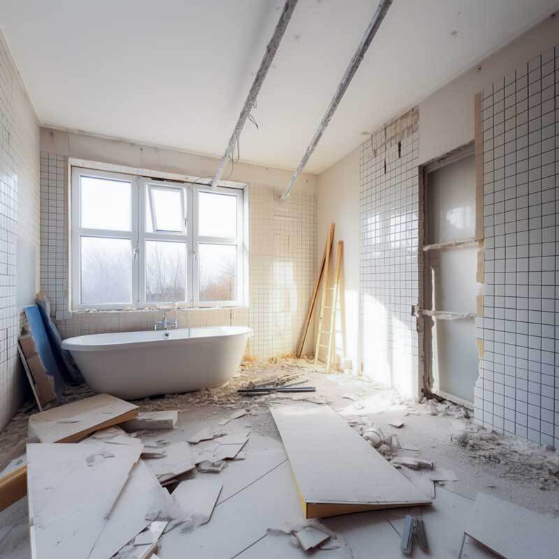 Container voll mit Bauschutt aus der Renovierung eines modernen Badezimmers, inklusive alter Fliesen und Sanitärinstallationen.