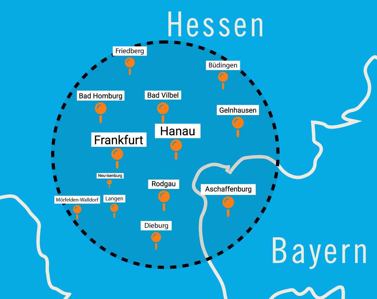 Übersichtskarte des Liefergebiets für Containerdienste von CHF, inklusive Servicebereiche und Zustellgrenzen.